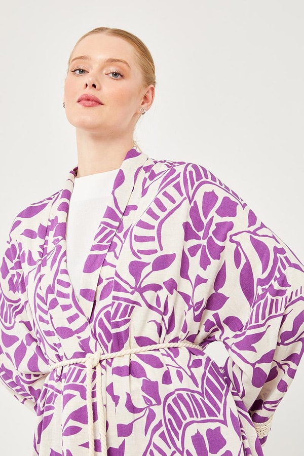 LevidorLevidor Mor Yaprak Desen Keten Kimono Takım