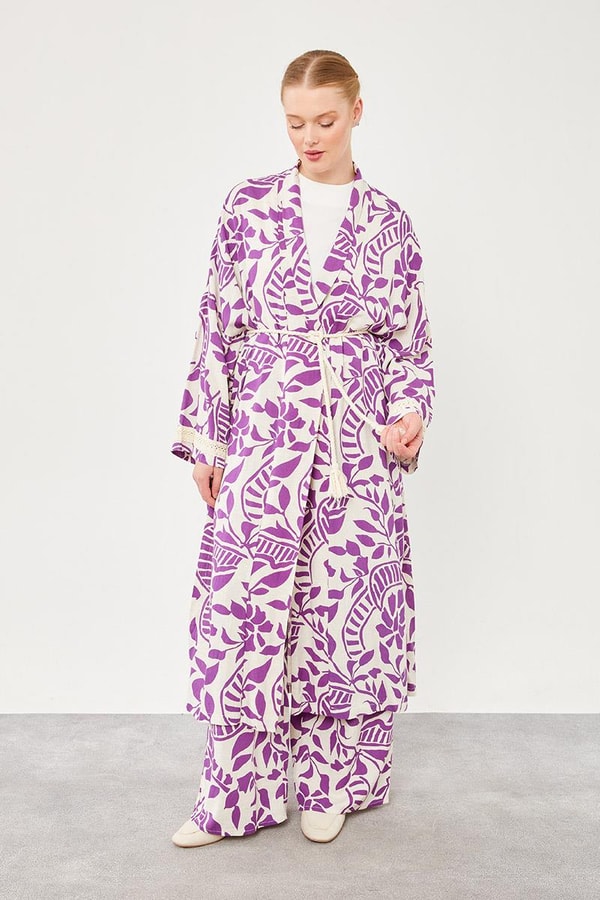LevidorLevidor Mor Yaprak Desen Keten Kimono Takım