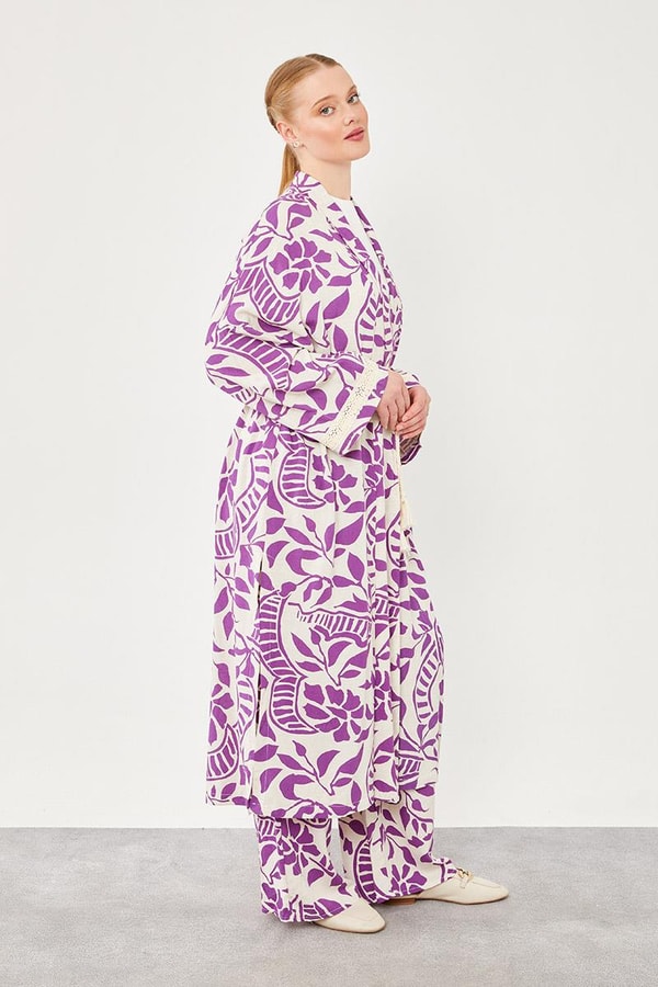 LevidorLevidor Mor Yaprak Desen Keten Kimono Takım