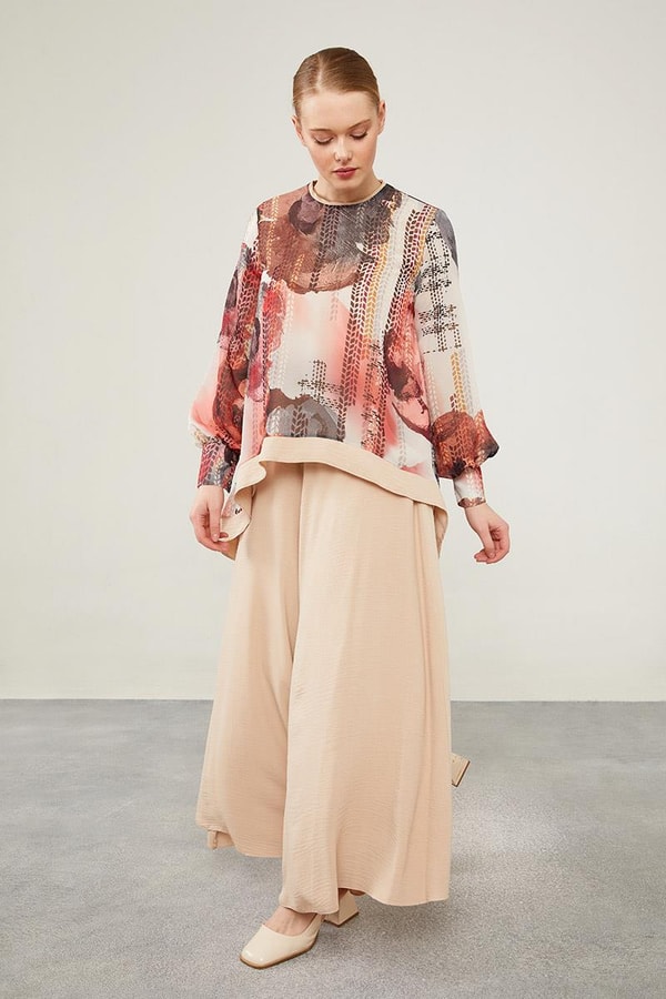 LevidorLevidor Mürdüm Çiçek Baskılı Pantolonlu Bluz Takım