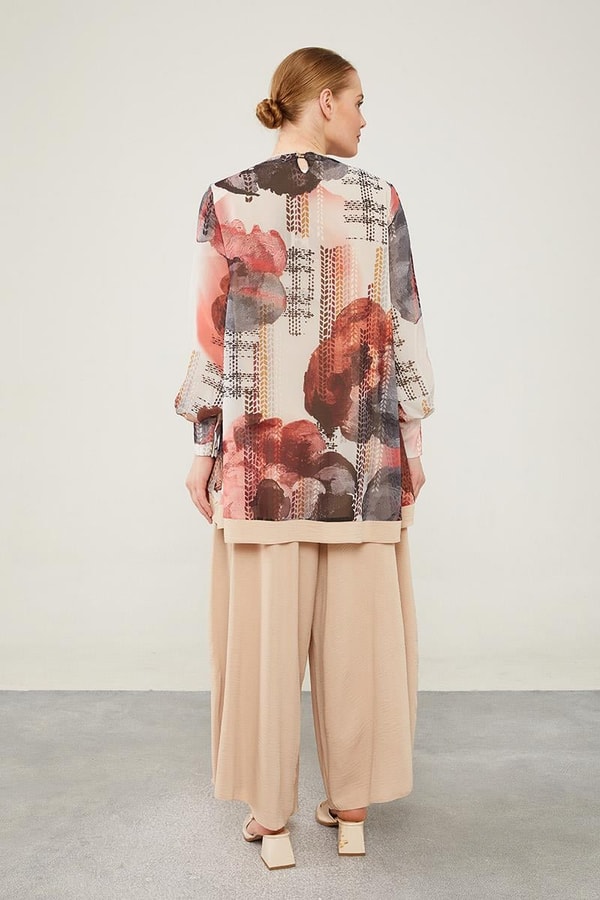LevidorLevidor Mürdüm Çiçek Baskılı Pantolonlu Bluz Takım
