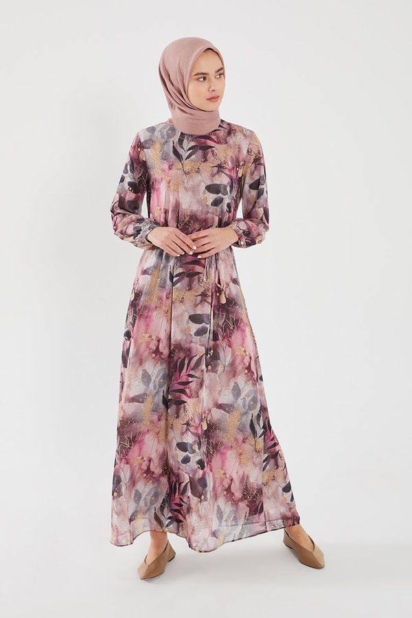 LevidorLevidor Mürdüm YAPRAK DESEN ŞİFON ELBİSE