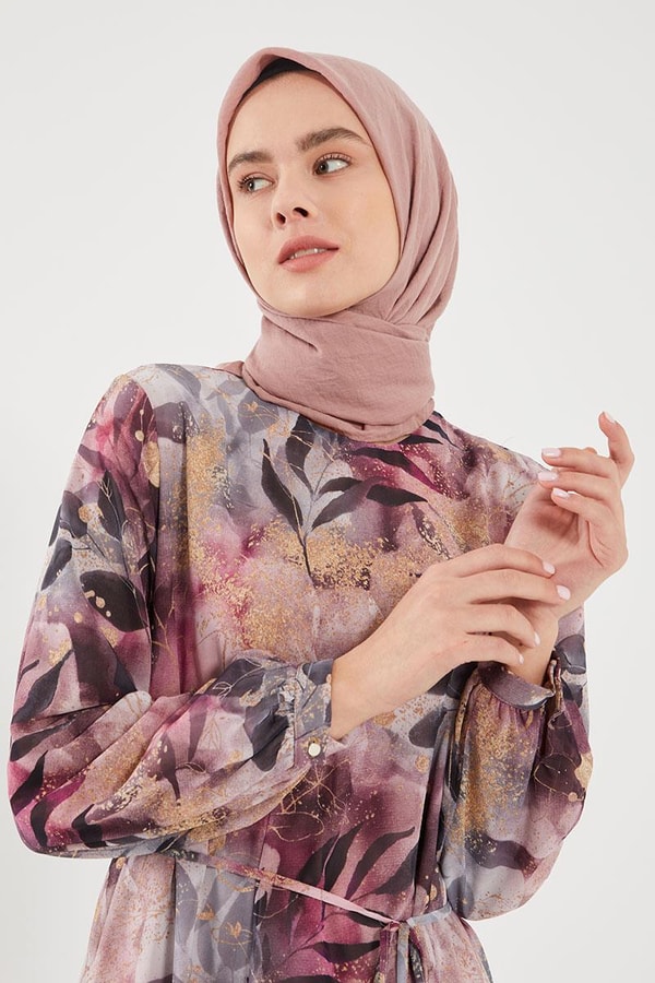 LevidorLevidor Mürdüm YAPRAK DESEN ŞİFON ELBİSE