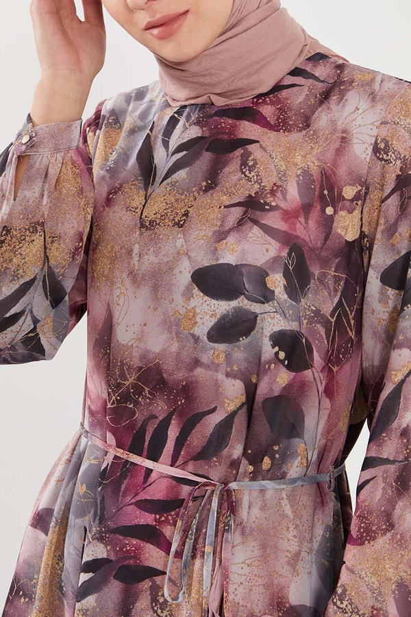 LevidorLevidor Mürdüm YAPRAK DESEN ŞİFON ELBİSE