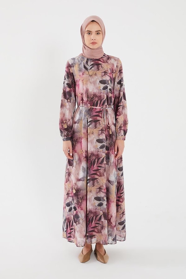 LevidorLevidor Mürdüm YAPRAK DESEN ŞİFON ELBİSE