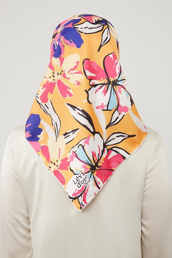 LevidorLevidor Oranj Açelya Çicek Desenli Trend Twill Eşarp