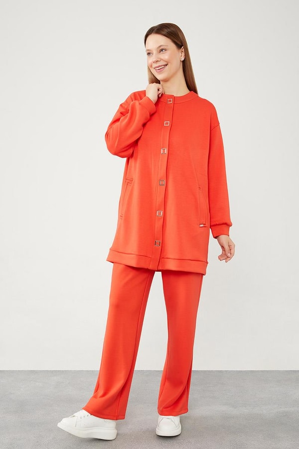 LevidorLevidor Oranj Bisiklet Yaka Cepli Penye Pantolonlu Spor Takım