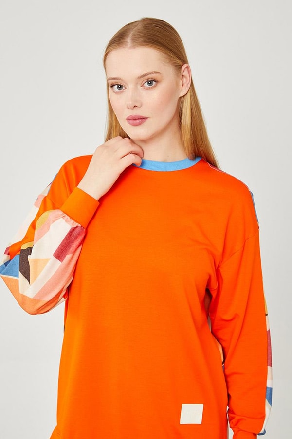 LevidorLevidor Oranj Bisiklet Yaka Geometrik Desen Spor Takım