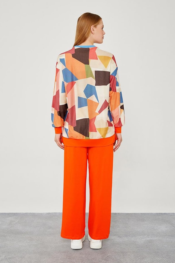 LevidorLevidor Oranj Bisiklet Yaka Geometrik Desen Spor Takım