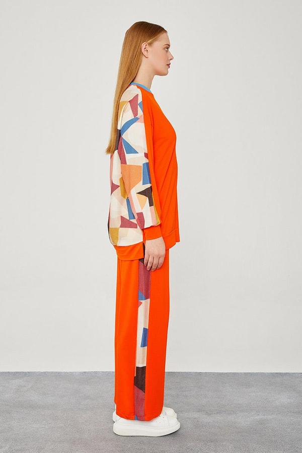 LevidorLevidor Oranj Bisiklet Yaka Geometrik Desen Spor Takım