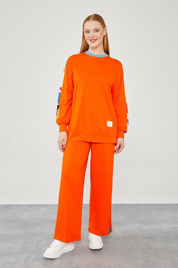 LevidorLevidor Oranj Bisiklet Yaka Geometrik Desen Spor Takım