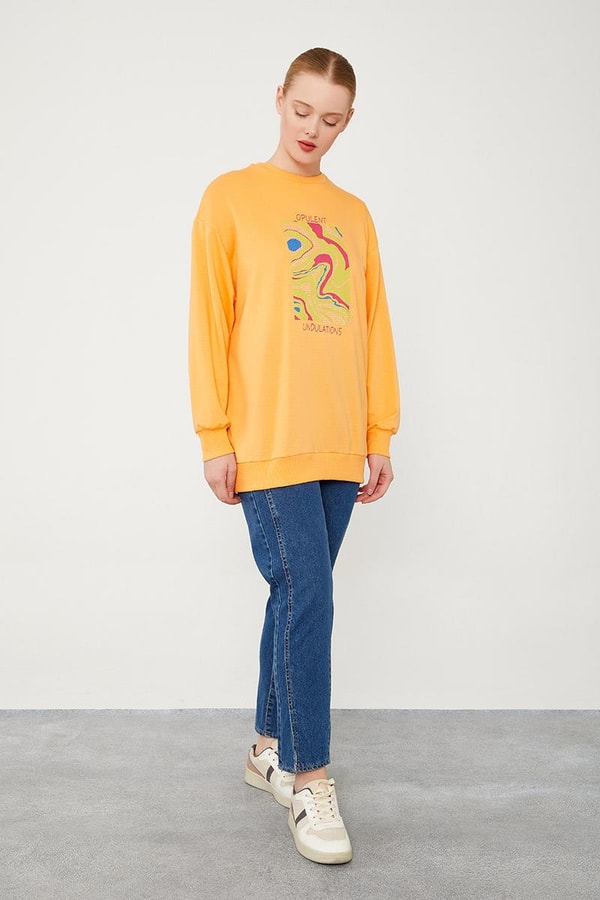 LevidorLevidor Oranj Bisiklet Yaka Taş Baskılı Sweat