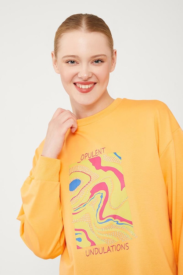 LevidorLevidor Oranj Bisiklet Yaka Taş Baskılı Sweat