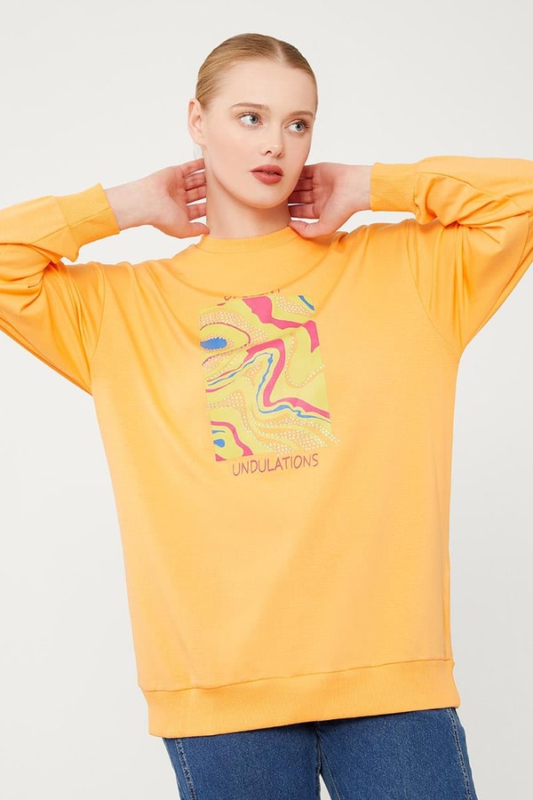 LevidorLevidor Oranj Bisiklet Yaka Taş Baskılı Sweat