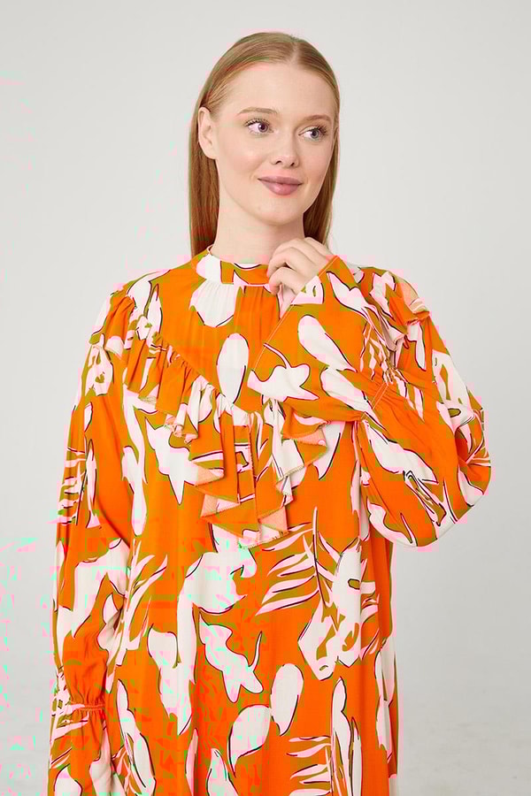 LevidorLevidor Oranj Çiçek Desen Volanlı Elbise