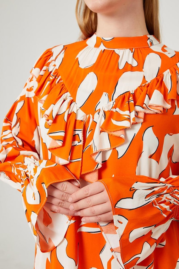 LevidorLevidor Oranj Çiçek Desen Volanlı Elbise