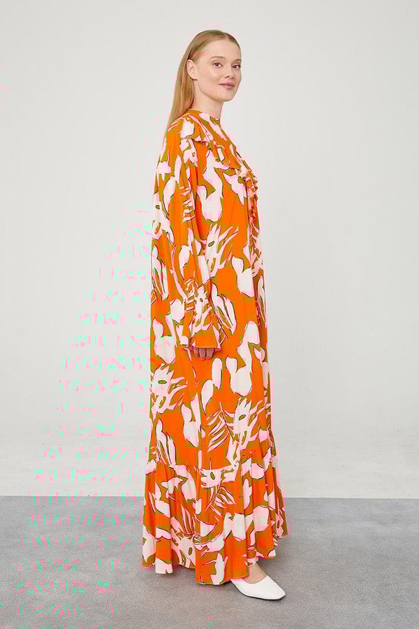 LevidorLevidor Oranj Çiçek Desen Volanlı Elbise