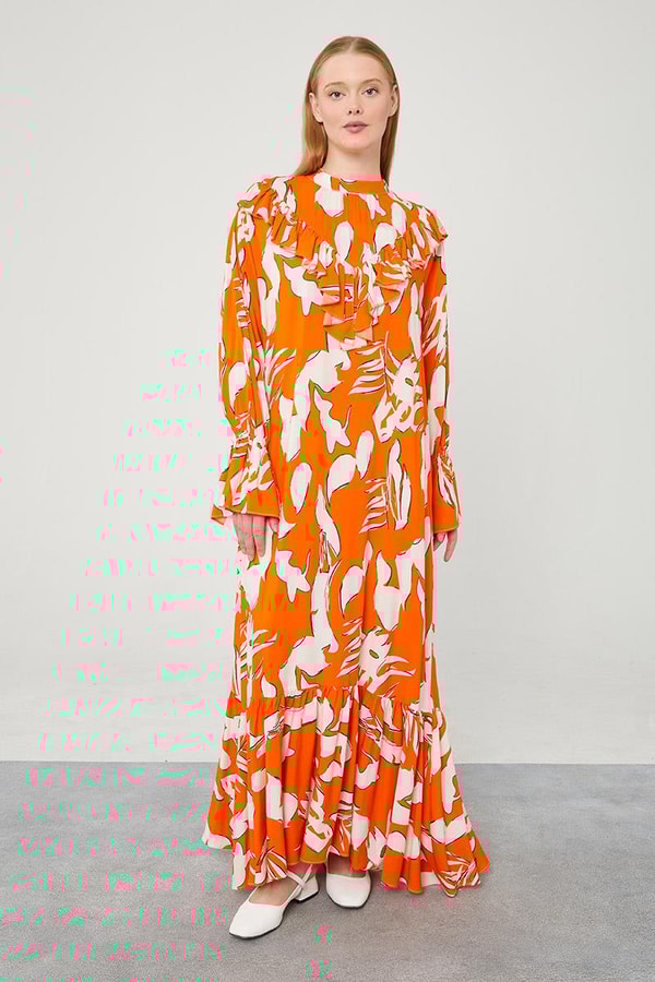 LevidorLevidor Oranj Çiçek Desen Volanlı Elbise