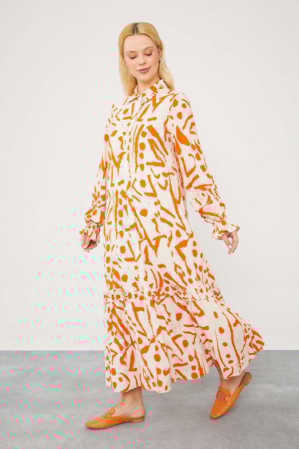 LevidorLevidor Oranj Fırfır Detaylı Gömlek Elbise