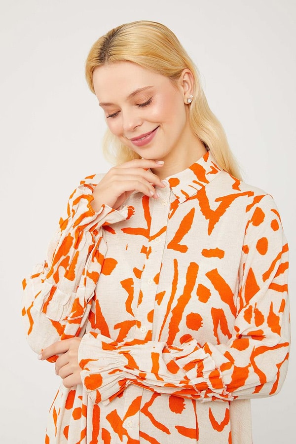 LevidorLevidor Oranj Fırfır Detaylı Gömlek Elbise
