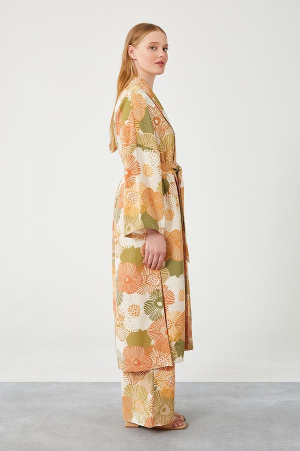 LevidorLevidor Oranj İkili Takım Keten Çiçekli Kimono