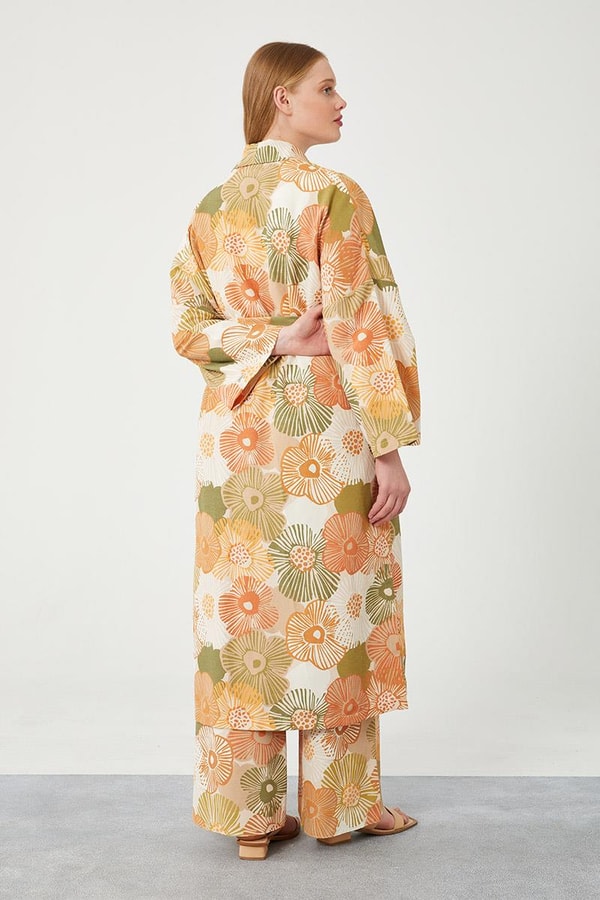 LevidorLevidor Oranj İkili Takım Keten Çiçekli Kimono