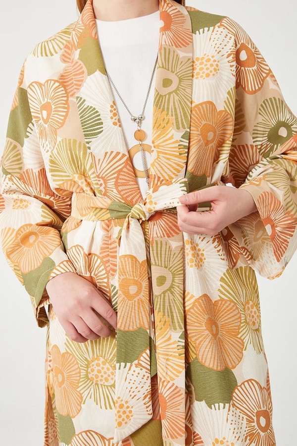 LevidorLevidor Oranj İkili Takım Keten Çiçekli Kimono