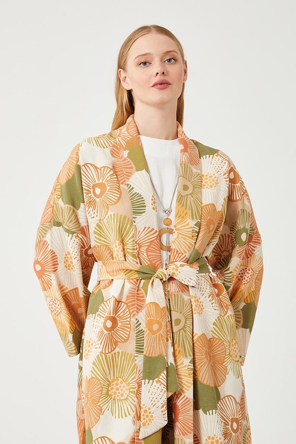 LevidorLevidor Oranj İkili Takım Keten Çiçekli Kimono