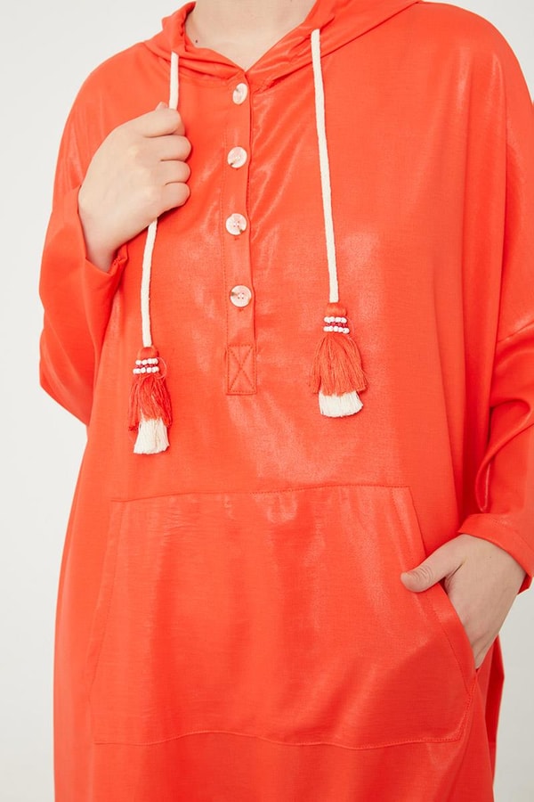 LevidorLevidor Oranj Kanguru Çepli Parlak Kumaş Tunik