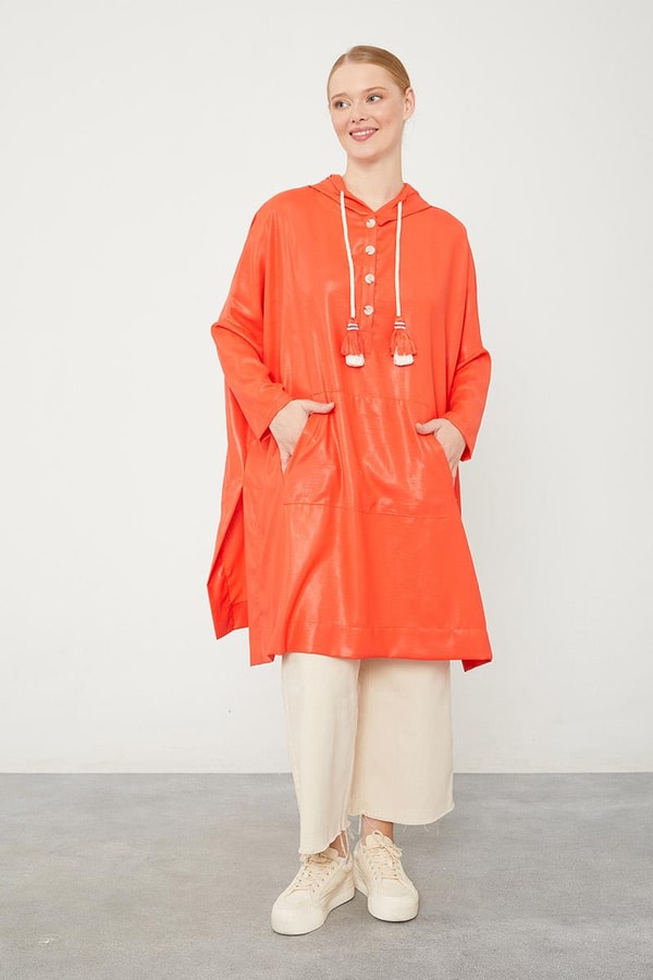 LevidorLevidor Oranj Kanguru Çepli Parlak Kumaş Tunik