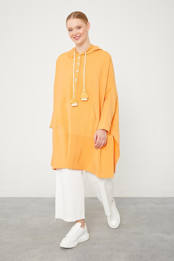 LevidorLevidor Oranj Kapuşonlu Kanguru Cepli Tunik
