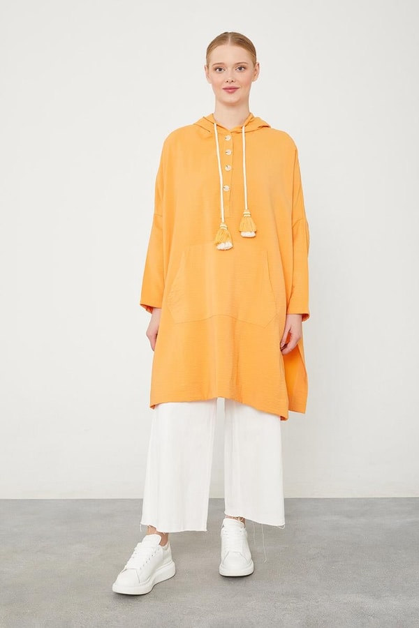 LevidorLevidor Oranj Kapuşonlu Kanguru Cepli Tunik