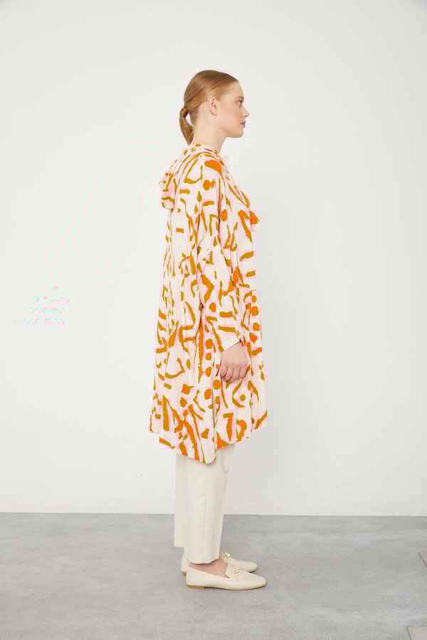 LevidorLevidor Oranj Kapüşonlu Püskül Detaylı Keten Tunik