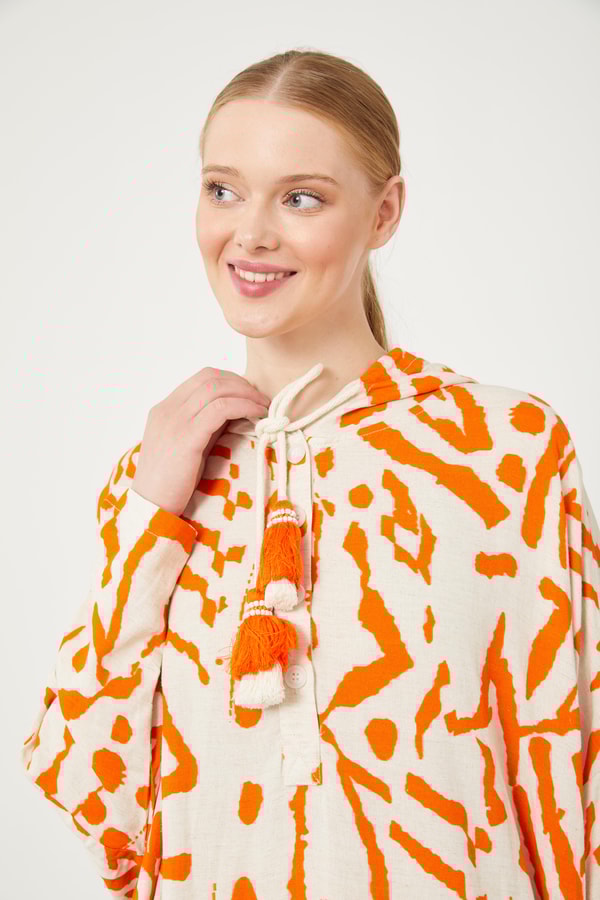 LevidorLevidor Oranj Kapüşonlu Püskül Detaylı Keten Tunik