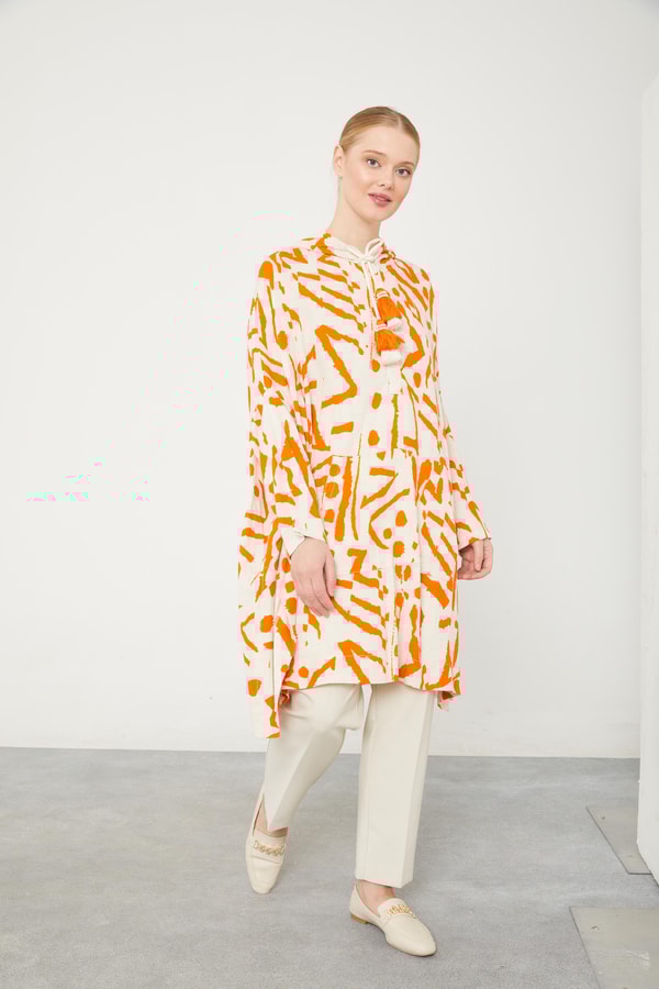 LevidorLevidor Oranj Kapüşonlu Püskül Detaylı Keten Tunik