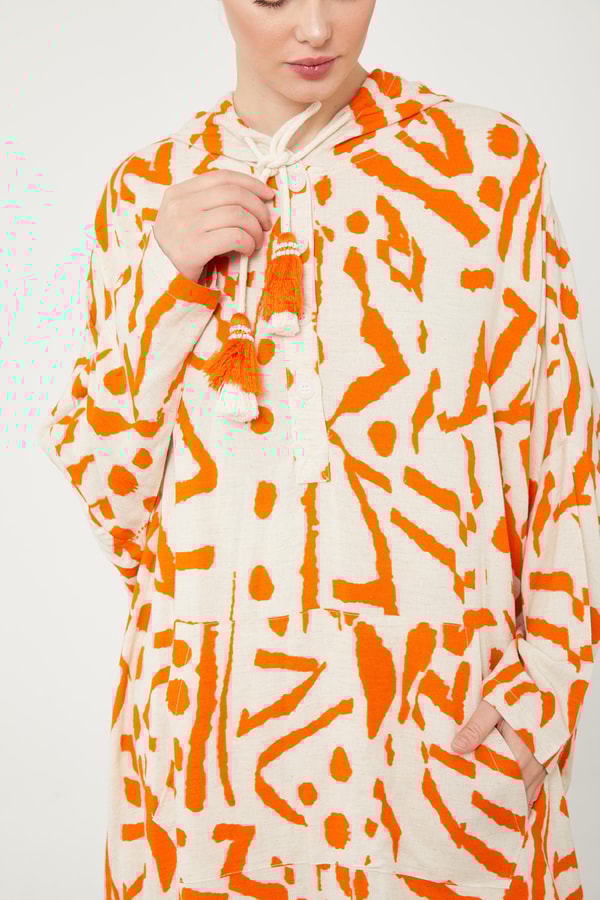 LevidorLevidor Oranj Kapüşonlu Püskül Detaylı Keten Tunik