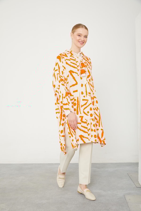 LevidorLevidor Oranj Kapüşonlu Püskül Detaylı Keten Tunik