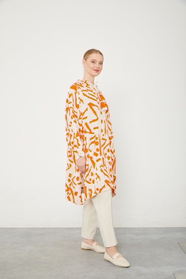 LevidorLevidor Oranj Kapüşonlu Püskül Detaylı Keten Tunik