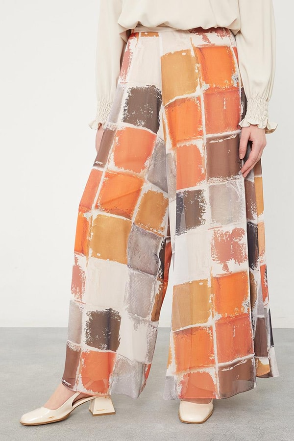 LevidorLevidor Oranj Kare Desen Geniş Paçalı Pantolon