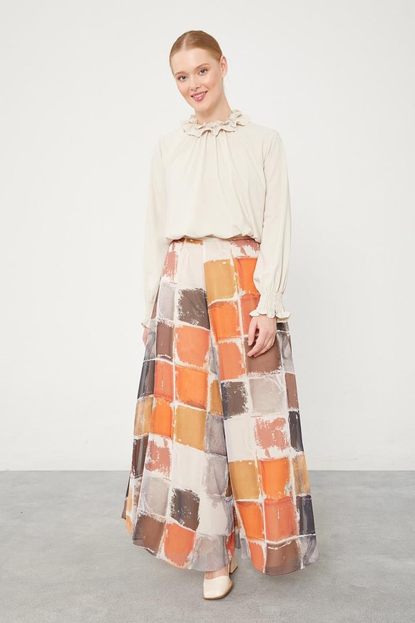 LevidorLevidor Oranj Kare Desen Geniş Paçalı Pantolon