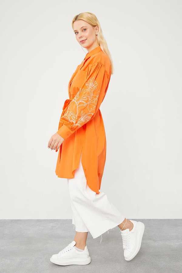 LevidorLevidor Oranj Nakışlı Belden Bağlamalı Kimono