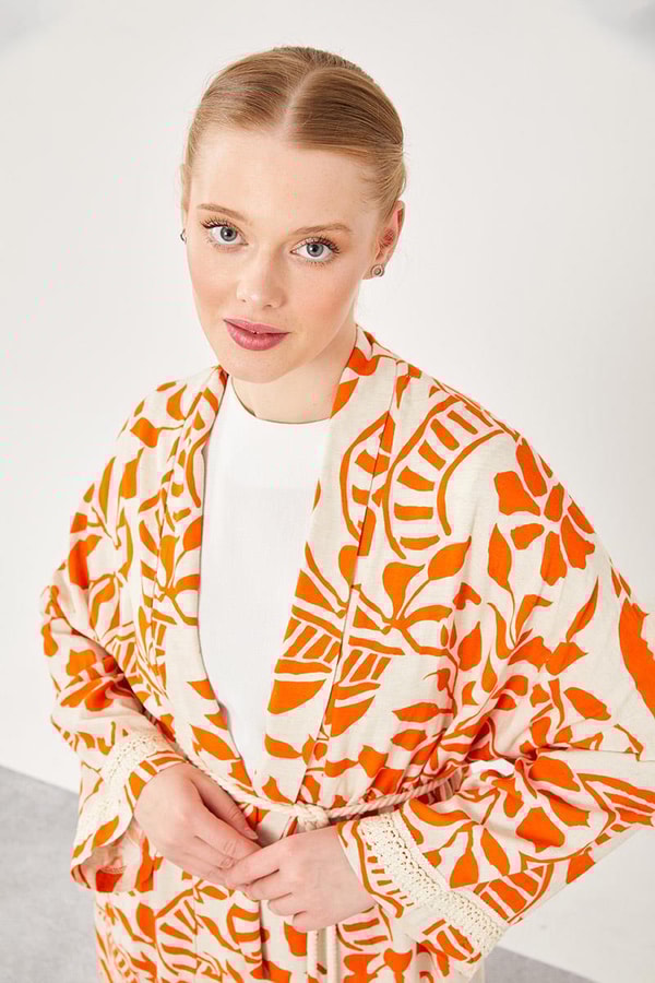 LevidorLevidor Oranj Yaprak Desen Keten Kimono Takım