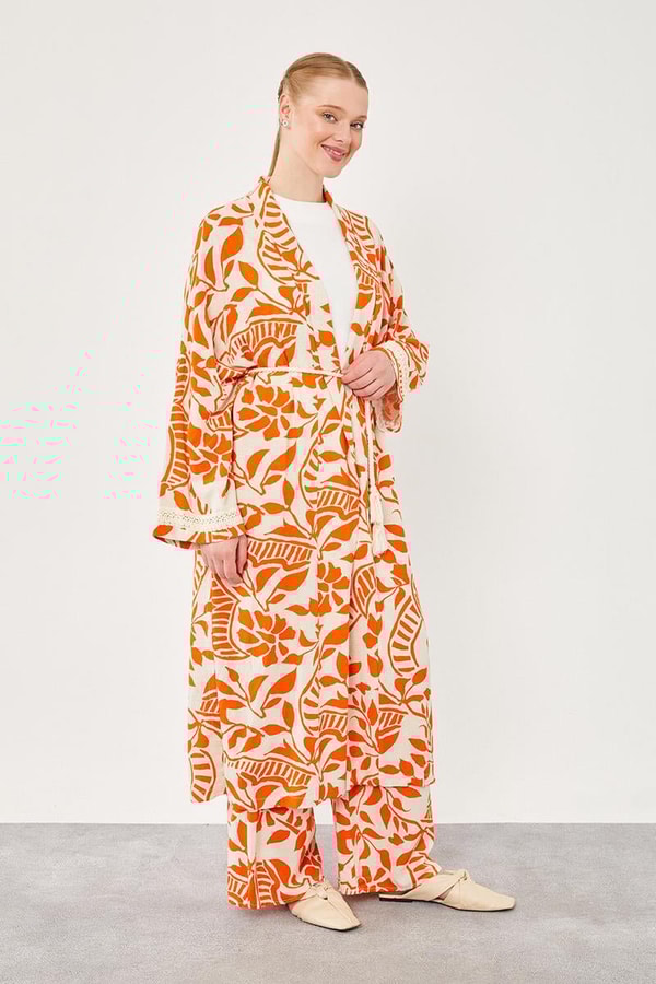 LevidorLevidor Oranj Yaprak Desen Keten Kimono Takım