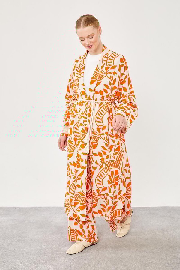 LevidorLevidor Oranj Yaprak Desen Keten Kimono Takım