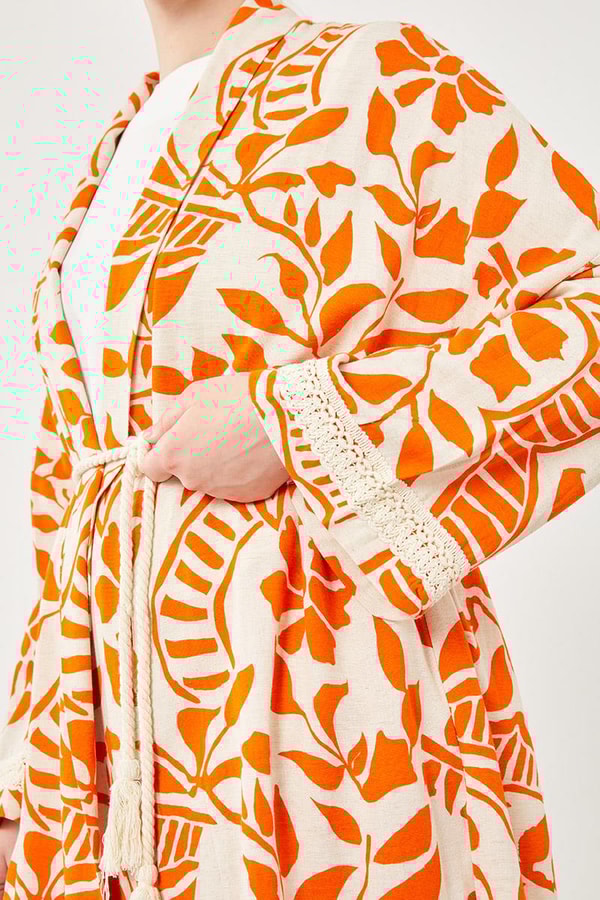 LevidorLevidor Oranj Yaprak Desen Keten Kimono Takım
