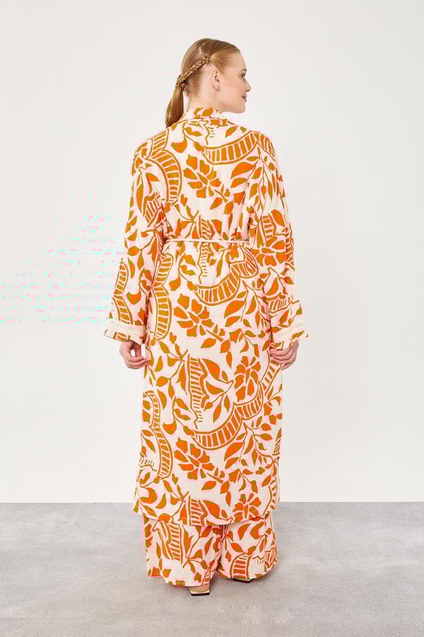 LevidorLevidor Oranj Yaprak Desen Keten Kimono Takım