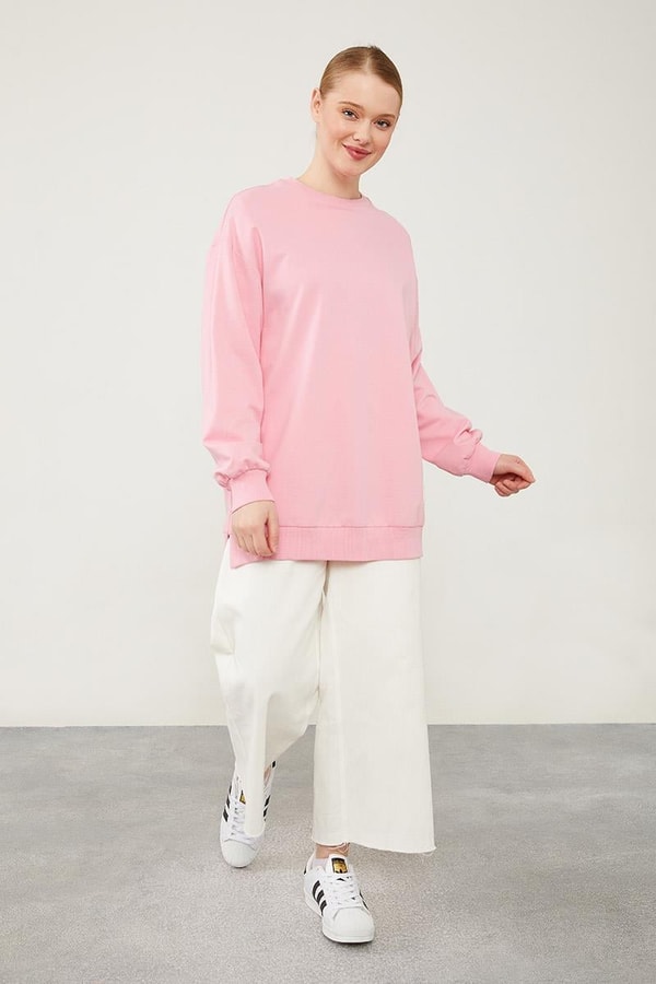 LevidorLevidor Pembe Bisiklet Yaka Ribanalı Basic Sweat