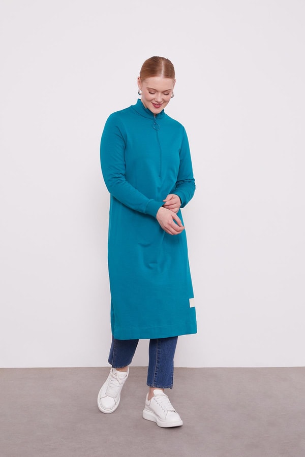 LevidorLevidor Petrol Mavi Dik Yaka Fermuar Kapamalı Uzun Tunik