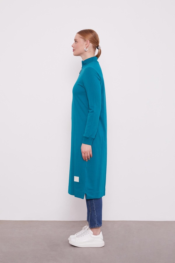 LevidorLevidor Petrol Mavi Dik Yaka Fermuar Kapamalı Uzun Tunik