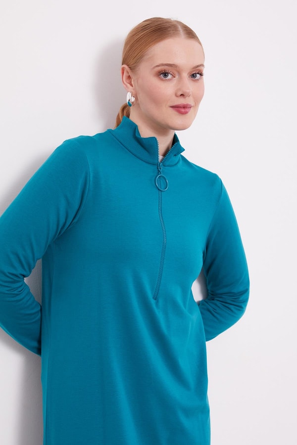 LevidorLevidor Petrol Mavi Dik Yaka Fermuar Kapamalı Uzun Tunik